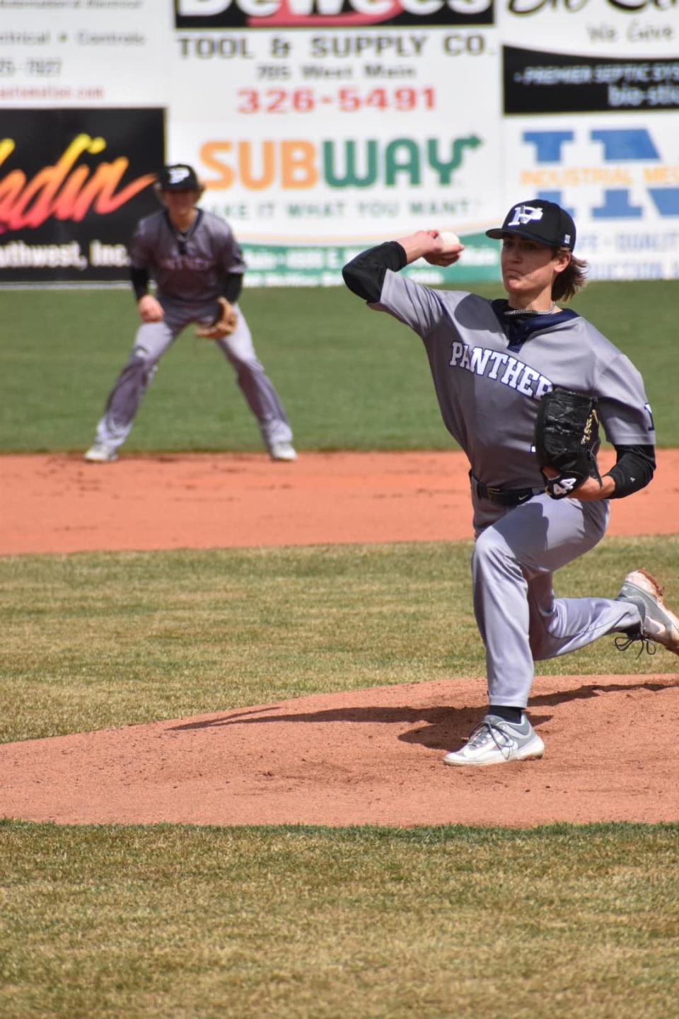 Piedra Vista's Dax Vigil delivers a pitch to a Smoky Hill batter during a first round game of the Scorpion Invitational, Thursday, March 16, 2023 at Ricketts Park.