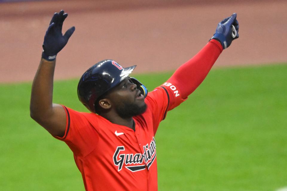 Aug 24, 2024; Cleveland, Ohio, USA; Cleveland Guardians right fielder Jhonkensy Noel (43) celebrates his two-run home run in the third inning against the Texas Rangers at Progressive Field. Mandatory Credit: David Richard-USA TODAY Sports