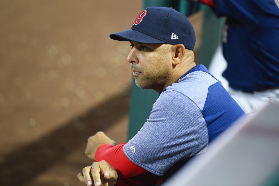 ANAHEIM, CA - AUGUST 30: Boston Red Sox manager Alex Cora looks on during a MLB game between the Boston Red Sox and the Los Angeles Angels of Anaheim on August 30, 2019 at Angel Stadium of Anaheim in Anaheim, CA. (Photo by Brian Rothmuller/Icon Sportswire via Getty Images)