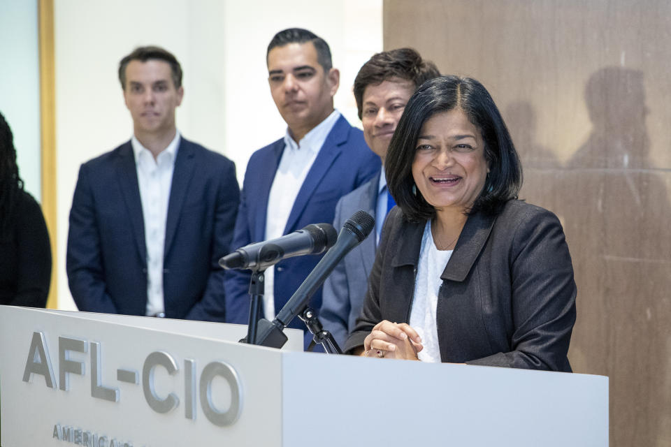 Congressional Progressive Caucus Chair Rep. Pramila Jayapal, D-Wash., speaks during a news conference with Congressional Progressive Caucus members at AFL-CIO headquarters in Washington on Sunday, Nov. 13, 2022. (AP Photo/Amanda Andrade-Rhoades)