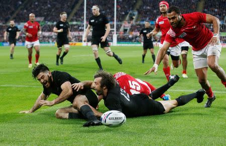 Rugby Union - New Zealand v Tonga - IRB Rugby World Cup 2015 Pool C - St James' Park, Newcastle, England - 9/10/15 New Zealand's Nehe Milner Skudder celebrates scoring a try Reuters / Andrew Yates