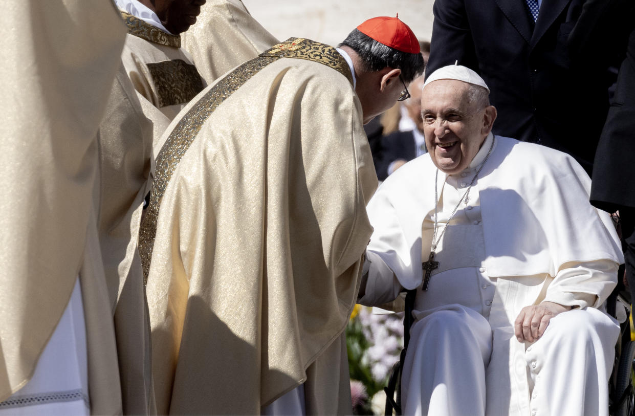 VATICAN CITY, VATICAN - APRIL 09: Pope Francis leads the Easter Mass in St. Peter's Square on April 09, 2023 in Vatican City, Vatican. Over 45,000 pilgrims filled a sunny St. Peter’s Square on Easter Sunday morning. (Photo by Alessandra Benedetti - Corbis/Corbis via Getty Images)