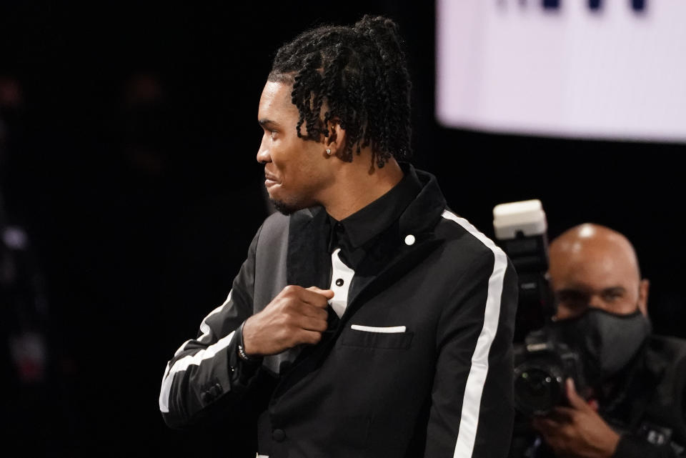 Ziaire Williams reacts after being selected tenth overall by the New Orleans Pelicans during the NBA basketball draft, Thursday, July 29, 2021, in New York. (AP Photo/Corey Sipkin)