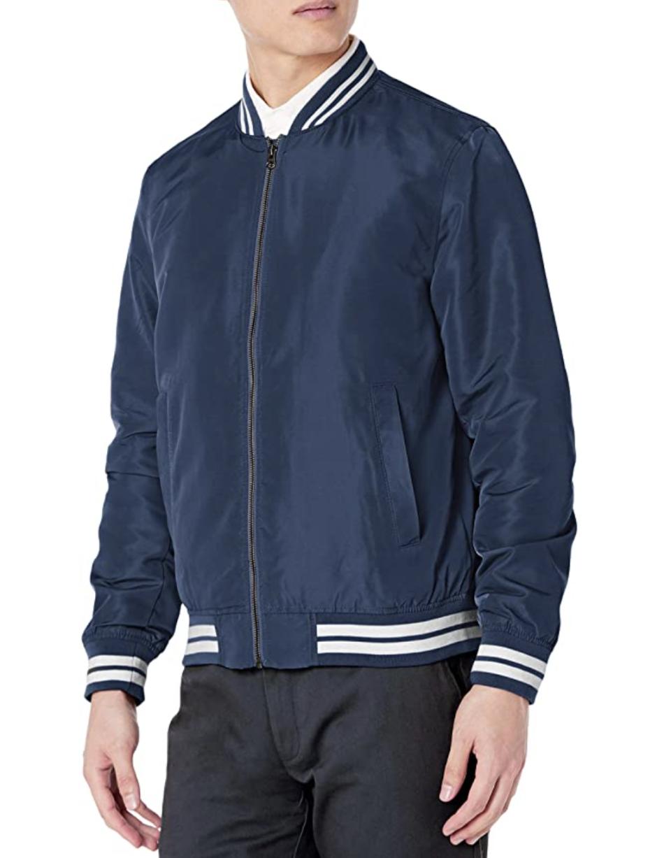 Men's Lightweight Bomber Jacket in navy blue with white stripes