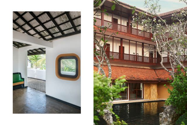 <p>From left: Sebastian Posingis; Jaideep Oberoi/Courtesy of Cinnamon Hotels</p> From left: A train station in Bentota, one of the few public buildings Bawa designed; frangipani trees surround a pool at the Cinnamon Bentota Beach hotel.