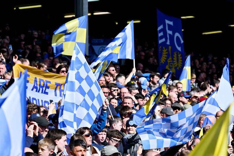LIVERPOOL, ENGLAND - APRIL 06: A general view of Everton fans flags and banners before the Premier League match between Everton FC and Burnley FC at Goodison Park on April 06, 2024 in Liverpool, England. (Photo by Tony McArdleEverton FC via Getty Images)