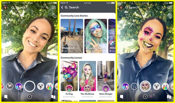 Screenshots of a Snapchat user selecting an augmented reality lens.