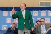 Jul 24, 2016; Cooperstown, NY, USA; Hall of Famer Johnny Bench waves after being introduced during the 2016 MLB baseball hall of fame induction ceremony at Clark Sports Center. Mandatory Credit: Gregory J. Fisher-USA TODAY Sports