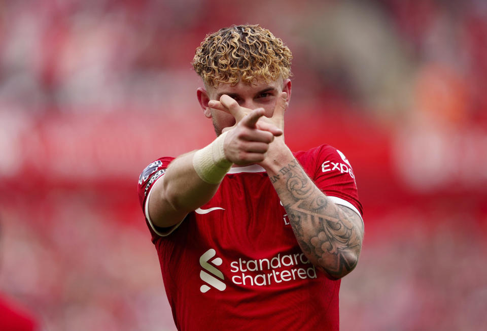 Liverpool's Harvey Elliott celebrates scoring his side's fourth goal of the game during the Premier League match at Anfield, Liverpool, England, Sunday May 5, 2024. (Peter Byrne/PA via AP)