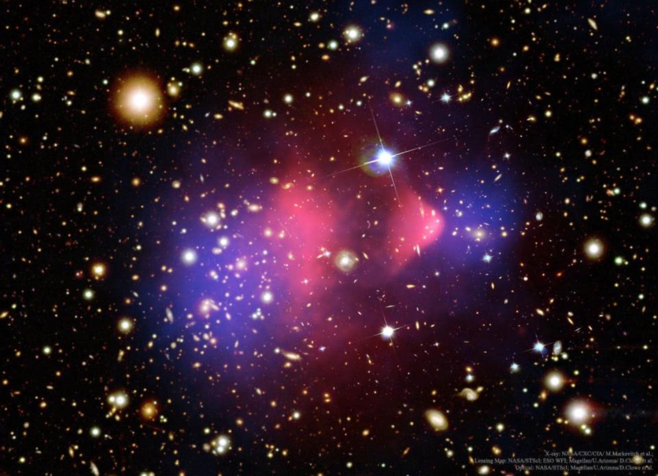 The ‘Bullet Cluster’ is a massive cluster of galaxies which has been interpreted as being strong evidence for the existence of dark matter. <a href="https://science.nasa.gov/matter-bullet-cluster" rel="nofollow noopener" target="_blank" data-ylk="slk:NASA" class="link ">NASA</a>