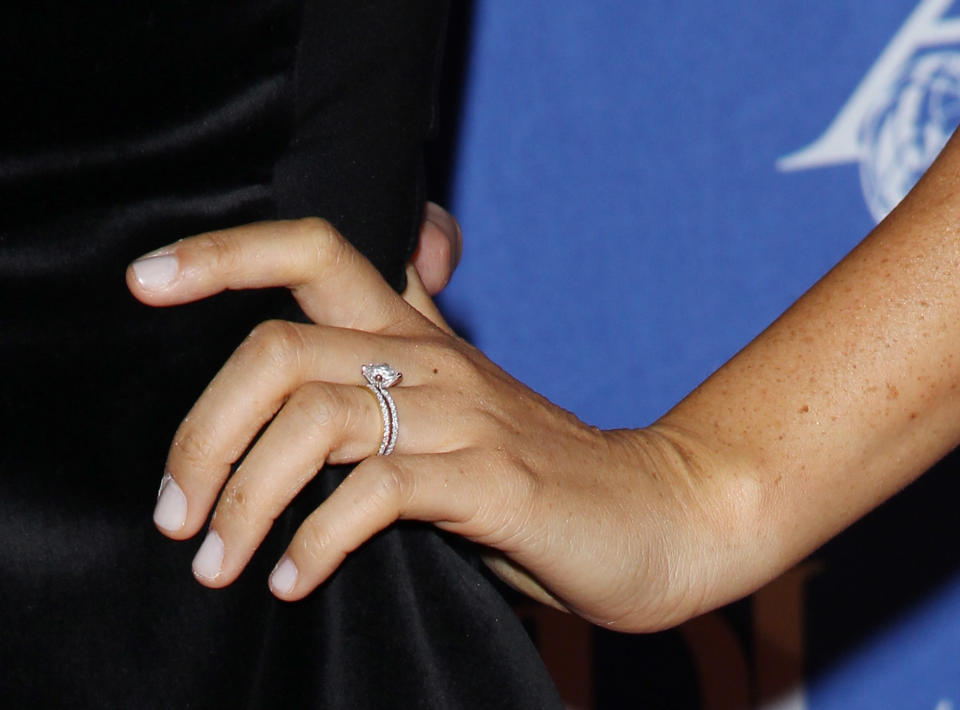 Meghan Markle’s engagement ring from Trevor Engelson was a princess cut diamond. Photo: Getty Images