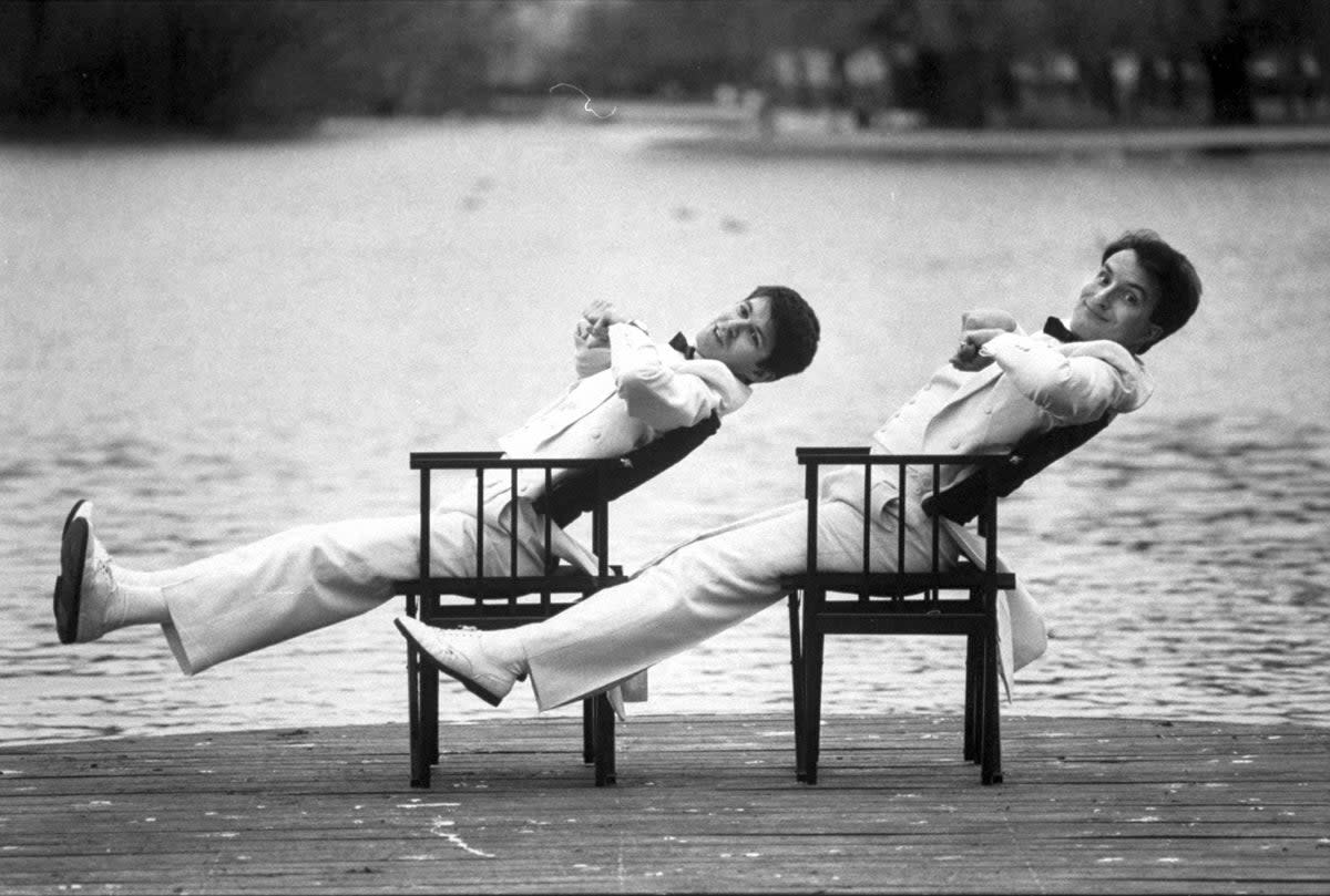 Richard Sisson, left, and Kit Hesketh-Harvey as Kit and The Widow in a typically exuberant mood in Regent’s Park, London (Getty)