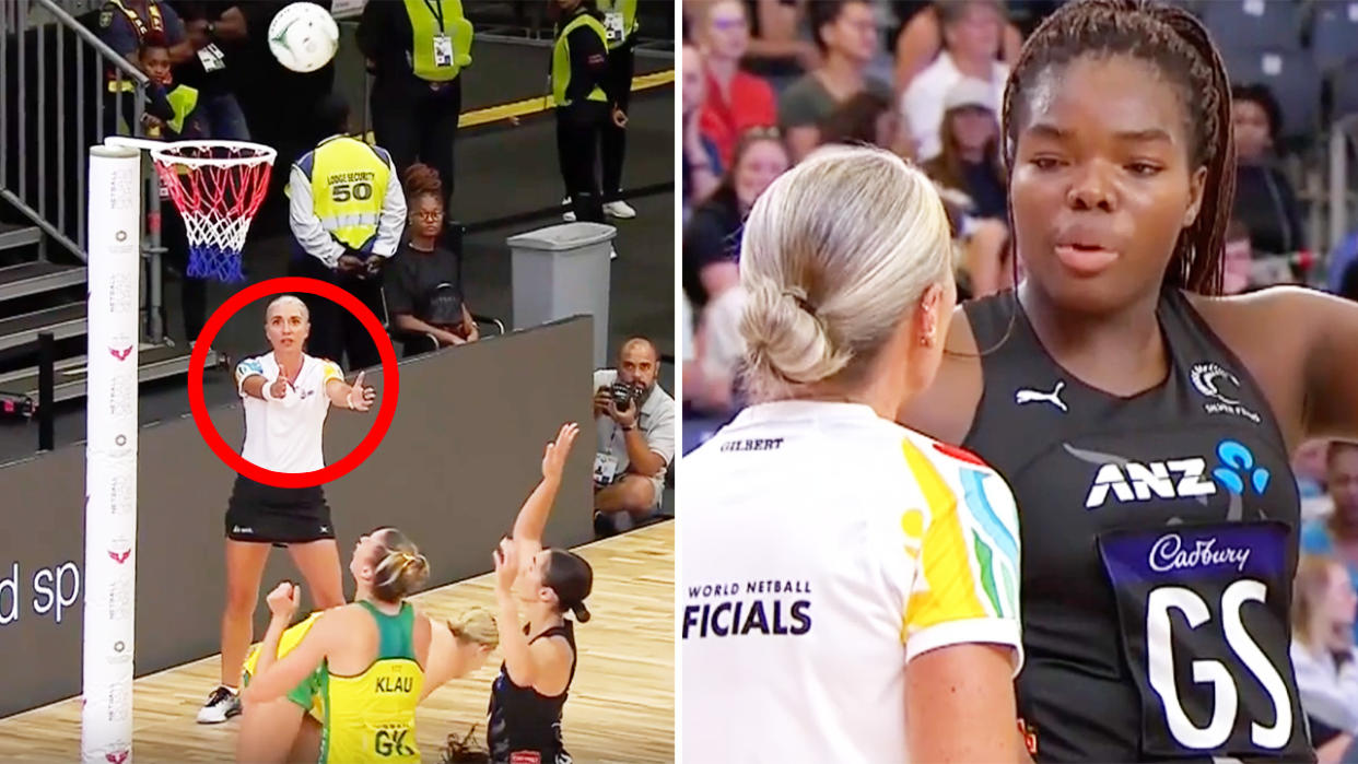 The umpire, pictured here watching the ball go in during Australia's netball clash with New Zealand. 