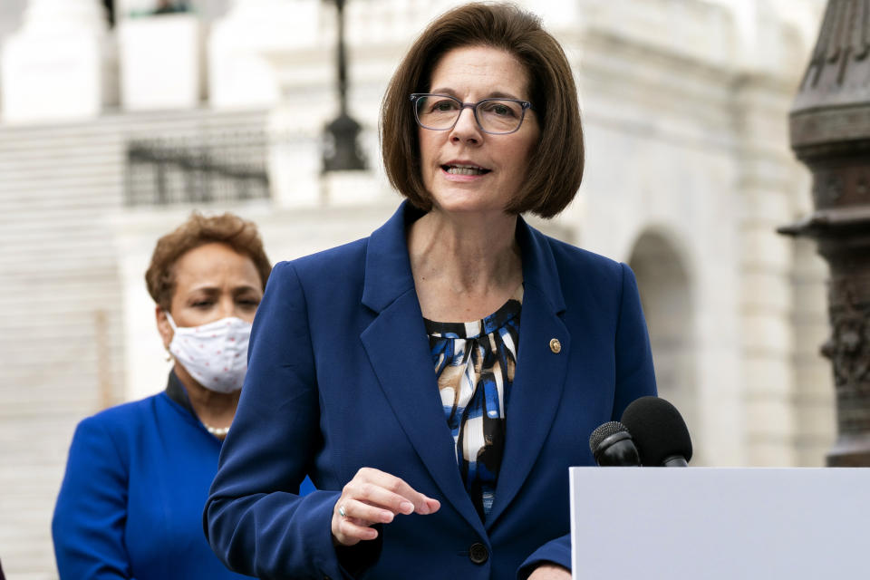 FILE - Sen. Catherine Cortez Masto, D-Nev., who is running for reelection, speaks about prescription drug prices during a news conference on April 26, 2022, on Capitol Hill in Washington. Cortez Masto faces Republican challenger Adam Laxalt in the November election. (AP Photo/Jacquelyn Martin, File)