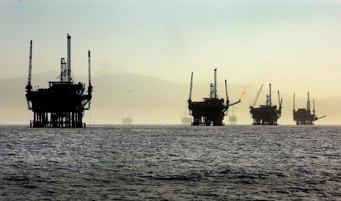 A line of off-shore oil rigs in the Santa Barbara Channel near the Federal Ecological Preserve en route to the Channel Islands National Marine Sanctuary in March 2015. (Al Seib/Los Angeles Times/TNS)