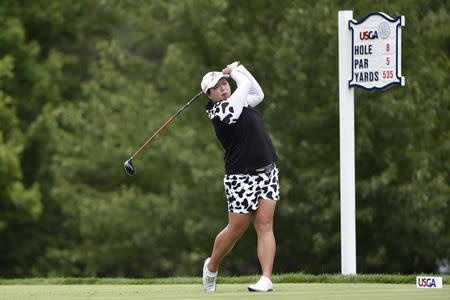 Jul 13, 2017; Bedminster, NJ, USA; Shanshan Feng tees off on the eighth hole during the first round of the U.S. Women's Open golf tournament at Trump National Golf Club-New Jersey. Mandatory Credit: Eric Sucar-USA TODAY Sports