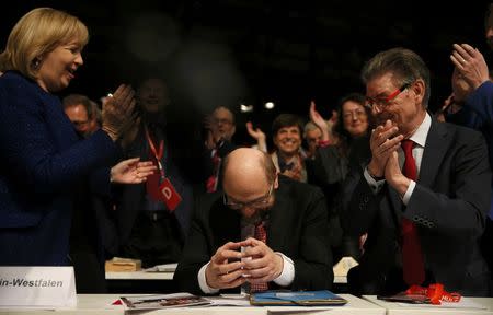 Martin Schulz reacts after he was elected new Social Democratic Party (SPD) leader during an SPD party convention in Berlin, Germany, March 19, 2017. REUTERS/Axel Schmidt