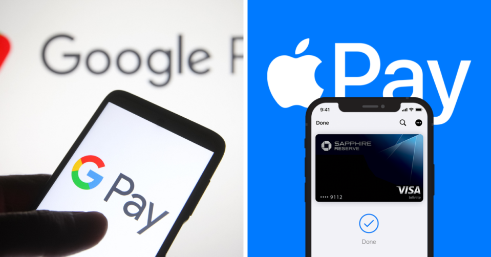 The icons for Google Pay and Apple Pay being displayed on phone screens