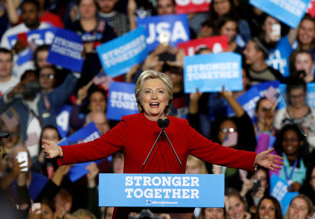 U.S. Democratic presidential nominee Hillary Clinton addresses supporters at the Grand Valley State University Fieldhouse in Allendale, Michigan November 7, 2016. REUTERS/Rebecca Cook