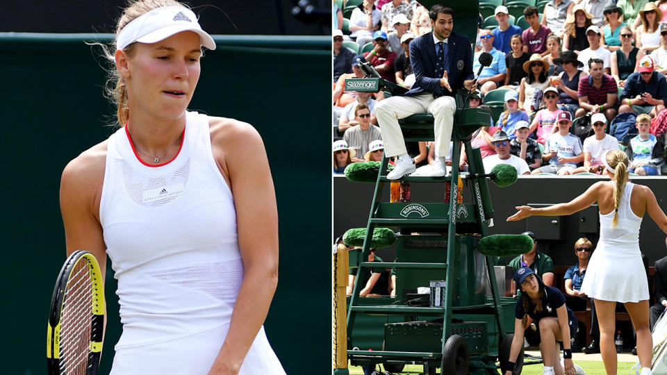 Caroline Wozniacki, pictured arguing with the umpire, was unhappy with Hawkeye in her loss to Shuai Zhang.