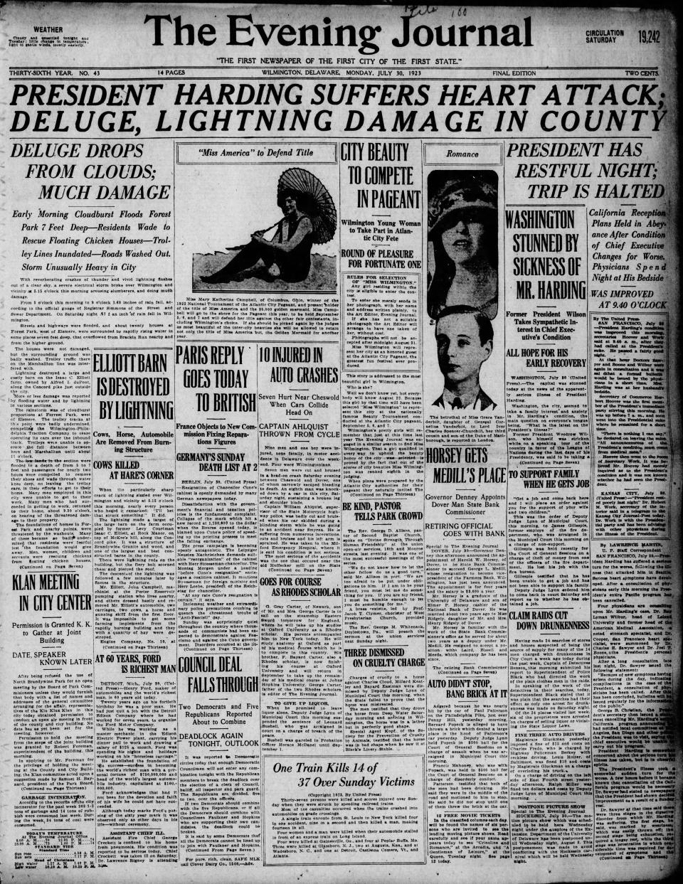 Front page of The News Journal from July 30, 1923.