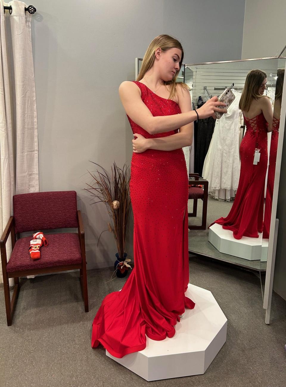 It is all about the back of the dress for Abby Barndt, who is thinking about the prom.