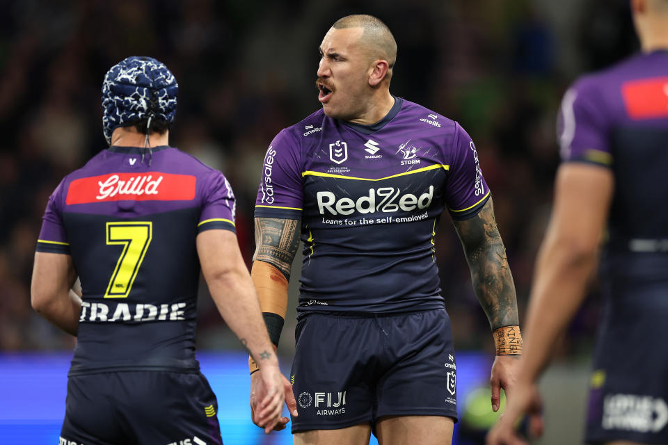 MELBOURNE, AUSTRALIA - SEPTEMBER 27:  Nelson Asofa-Solomona of the Storm is sent to the sin-bin for a high tackle on Lindsay Collins of the Roosters during the NRL Preliminary Final match between the Melbourne Storm and Sydney Roosters at AAMI Park on September 27, 2024 in Melbourne, Australia. (Photo by Cameron Spencer/Getty Images)