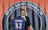 Soccer player David Beckham presents his new jersey after a news conference in Paris January 31, 2013. Former England captain David Beckham has joined Paris St Germain on a five-month contract, the French Ligue 1 club said on Thursday. REUTERS/Gonzalo Fuentes (FRANCE - Tags: SPORT SOCCER MEDIA TPX IMAGES OF THE DAY) - RTR3D75I