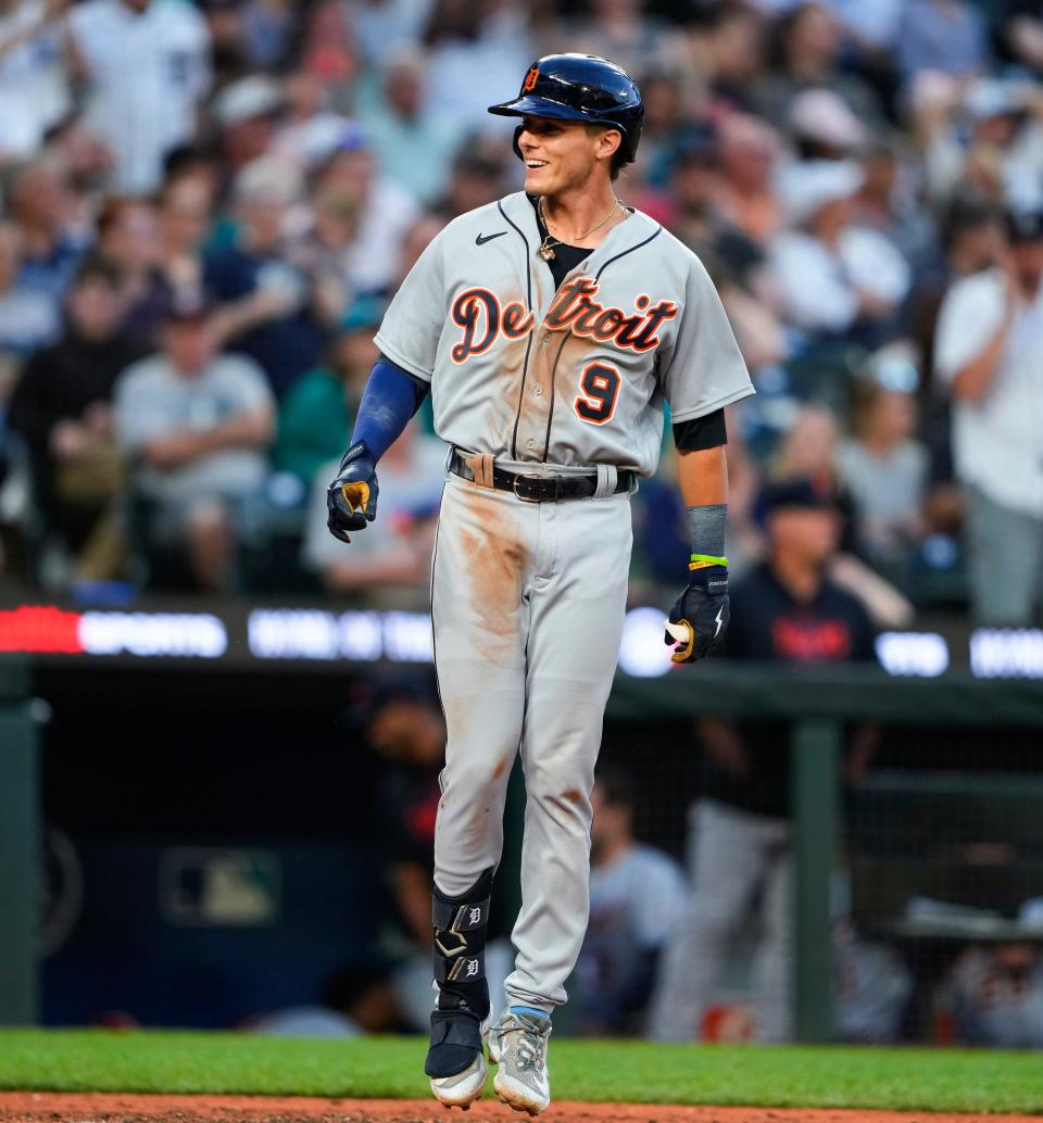 Detroit Tigers' Nick Maton jumps onto home plate after hitting a two-run home run against the Seattle Mariners during the seventh inning at T-Mobile Park in Seattle on Friday, July 14, 2023.