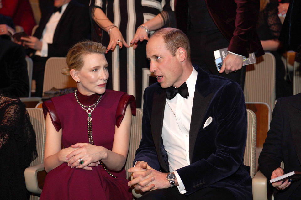 Britain's Prince William, Prince of Wales, president of Bafta, speaks with US-Australian actress Cate Blanchett during the BAFTA British Academy Film Awards at the Royal Festival Hall, Southbank Centre, in London, on February 18, 2024. (Photo by Jordan Pettitt / POOL / AFP) (Photo by JORDAN PETTITT/POOL/AFP via Getty Images)