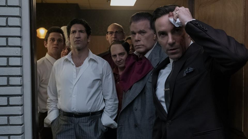 (L-r) BILLY MAGNUSSEN as Paulie Walnuts, JON BERNTHAL as Johnny Soprano, COREY STOLL as Junior Soprano (in back), JOHN MAGARO as Silvio Dante, RAY LIOTTA as “Hollywood Dick” Moltisanti and ALESSANDRO NIVOLA as Dickie Moltisanti in New Line Cinema and Home Box Office’s mob drama “THE MANY SAINTS OF NEWARK,” a Warner Bros. Pictures release. Photo by Barry Wetcher