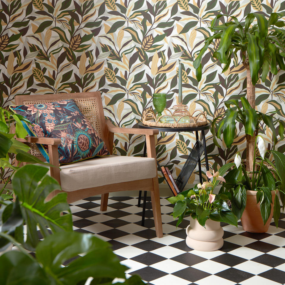 Lust Home wallpaper in a living room with contrasting checkboard flooring