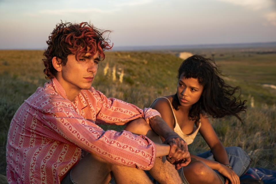 This image released by MGM Pictures shows Timothée Chalamet and Taylor Russell in a scene from "Bones and All." (Yannis Drakoulidis/Metro Goldwyn Mayer Pictures via AP)