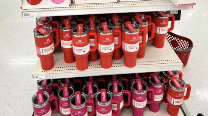 a shelf with many bottles of pink liquid on it