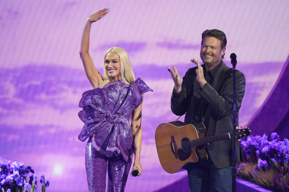 Gwen Stefani, left, and Blake Shelton perform "Purple Irises" during the 59th annual Academy of Country Music Awards on Thursday, May 16, 2024, at the Ford Center in Frisco, Texas. (AP Photo/Chris Pizzello)