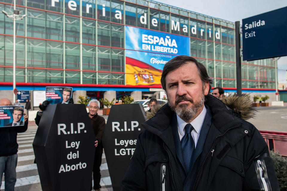 MADRID, SPAIN - 2019/01/18: Ignacio Arsuaga, President of 'Hazte Oir' posing during a protest at the entrance of the Popular Party summit to demand Pablo Casado the elimination of what they call 'ideological laws of the left' such us abortion law, gender violence law, historical memory law and LGTBI. (Photo by Marcos del Mazo/LightRocket via Getty Images)