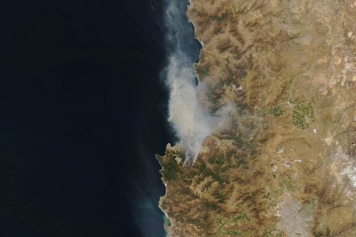 Fires rage in the Valparaiso region of central Chile on Feb. 3, 2024. NASA Earth Observatory image by Michala Garrison, using MODIS data from NASA EOSDIS LANCE and GIBS/Worldview.