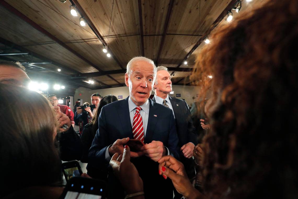 In this Tuesday, Feb. 11, 2020 photo, Democratic presidential candidate, former Vice President Joe Biden, greets supporters after speaking at a campaign event in Columbia, S.C. The biggest non-COVID-19 story of 2020 was the Feb. 29 Democratic presidential primary. Joe Biden’s commanding win with 49% of the vote in a seven-candidate field propelled him to the nomination, just like wins in 2016 did for Hillary Clinton and 2008 for Barack Obama. (AP Photo/Gerald Herbert)