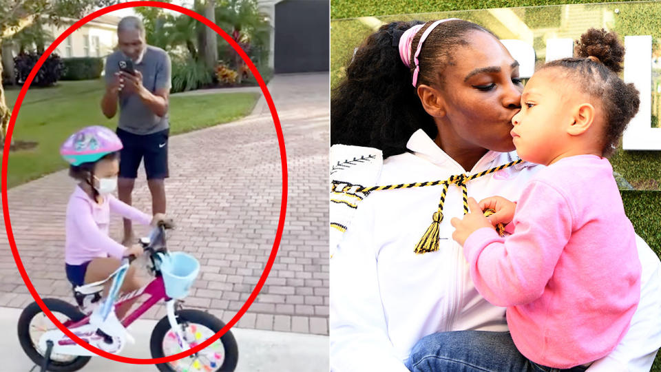 The image on the left shows Serena Williams' father teaching his granddaughter Olympia how to ride a bike.