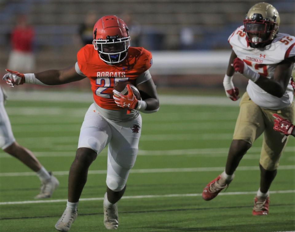 San Angelo Central High School running back Tyree Brawley heads to the end zone for a touchdown during a scrimmage against Lubbock Coronado at San Angelo Stadium on Thursday, Aug. 18, 2022.