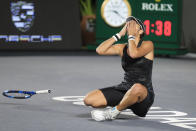 Garbiñe Muguruza, of Spain, reacts after defeating Anett Kontaveit, of Estonia, during the final match of the WTA Finals tennis tournament in Guadalajara, Mexico, Wednesday, Nov. 17, 2021. (AP Photo/Refugio Ruiz)