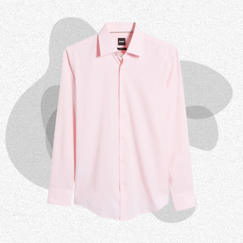 <p>Courtesy of Boss Hank</p><p>The danger with colored dress shirts is going too bold (and ugly). The subtle shade of pink of this Boss shirt avoids that fate; it’s pink enough to add visual interest without veering into tacky territory. Elastane means there’s a bit of stretch to this shirt, which also features a spread collar. It might not be the kind of shirt you want to wear every day, but it’s a great way to break up your regular rotation of blues and whites.</p><p><strong>Colorways: </strong>1</p><p><strong>Fabrics:</strong> 97% cotton, 3% elastane</p><p><strong>Sizes: </strong>14.5-18</p><div><table><thead><tr><th>Pros</th><th>Cons</th></tr></thead><tbody><tr><td><p>The perfect amount of pink</p></td><td><p>Expensive, particularly for a less versatile color</p></td></tr><tr><td><p>Machine washable</p></td><td></td></tr></tbody></table></div><p>[$168; <a href="https://click.linksynergy.com/deeplink?id=b8woVWHCa*0&mid=1237&u1=mj-mensdressshirts-cleblanc-091123-update&murl=https%3A%2F%2Fwww.nordstrom.com%2Fs%2Fhank-solid-stretch-oxford-cloth-dress-shirt%2F7432280" rel="nofollow noopener" target="_blank" data-ylk="slk:nordstrom.com;elm:context_link;itc:0;sec:content-canvas" class="link ">nordstrom.com</a>]</p>