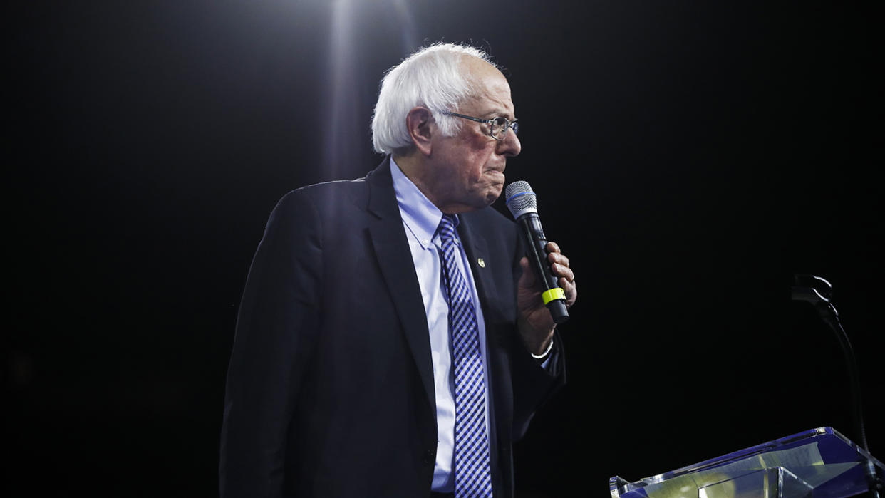 Democratic presidential candidate Sen. Bernie Sanders, I-Vt., speaks at the McIntyre-Shaheen 100 Club Dinner, Saturday, Feb. 8, 2020, in Manchester, N.H. (Matt Rourke/AP)