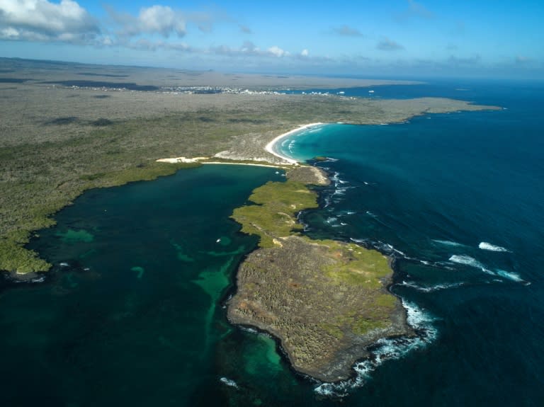 An aerial view of the Tortuga Bay area in Santa Cruz Island, Galapagos, Ecuador -- a popular tourist destination, but one which cannot handle all of the people who want to come if it wants to preserve its rich ecosystems