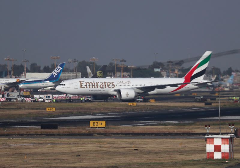 FILE PHOTO: Emirates Airline Boeing 777-200LR lands at Mexico City International Airport during its first route from Dubai via Barcelona to Mexico City