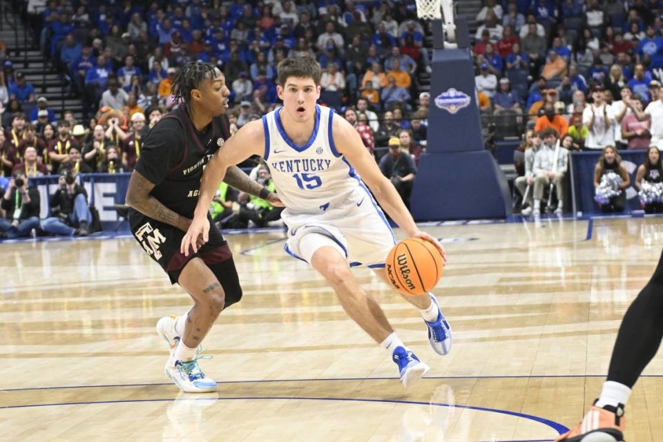 Mar 15, 2024; Nashville, TN, USA; Kentucky Wildcats guard Reed Sheppard (15) drives down the lane against the Texas A&M Aggies during the second half at Bridgestone Arena. Mandatory Credit: Steve Roberts-USA TODAY Sports