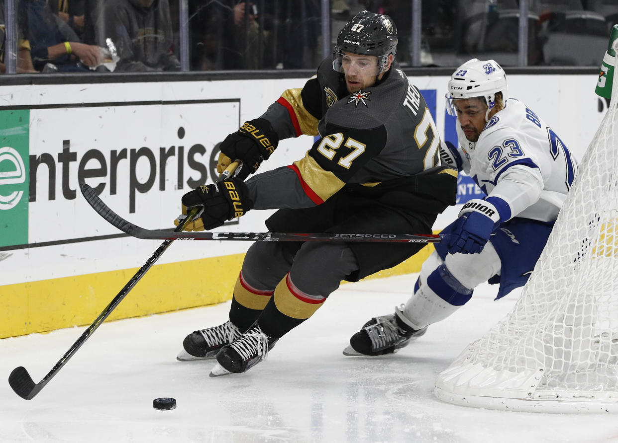 Vegas Golden Knights defenseman Shea Theodore, a popular preseason breakout candidate, is starting to perform. (AP Photo/John Locher)