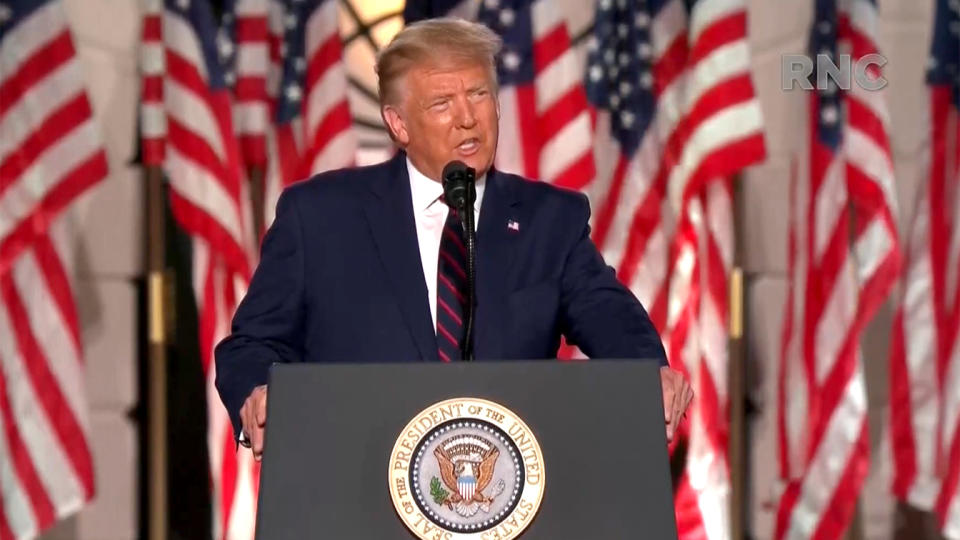 President Trump speaks during the virtual Republican National Convention on August 27, 2020. (via Reuters TV)