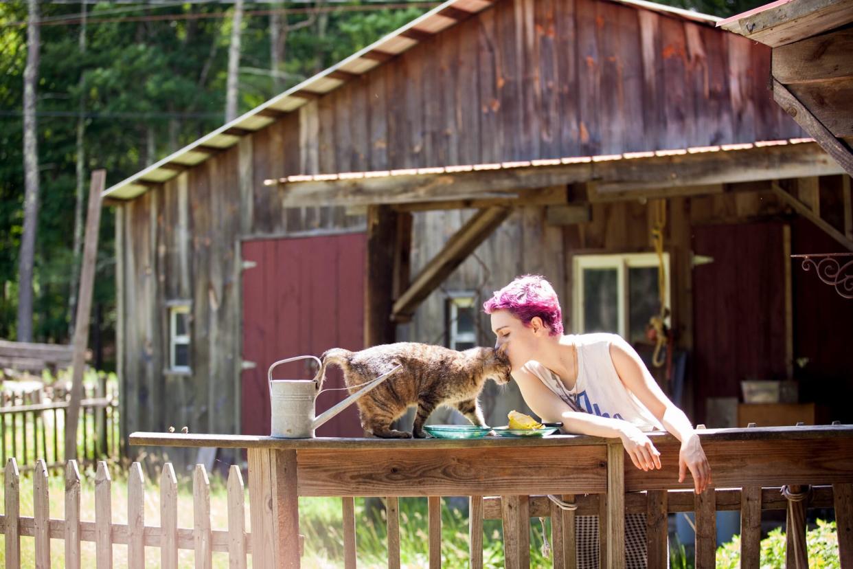 person with pink dyed hair kissing their cat with flea dirt on the head outside on a wood railing next to a barn