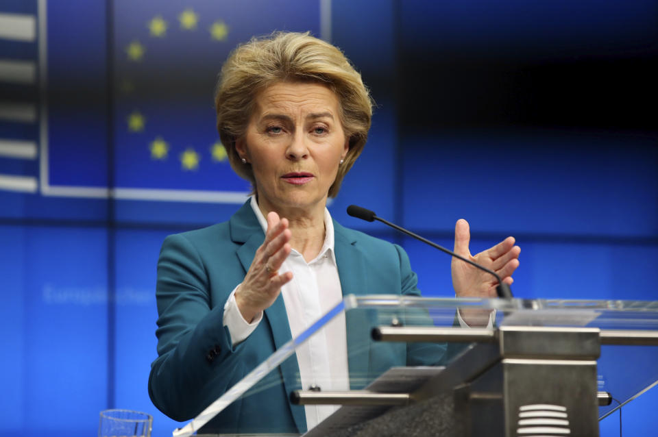 European Commission President Ursula von der Leyen addresses the media after a video-conference with G7 leaders at the European Council building in Brussels, Monday, March 16, 2020. European Commission President Ursula von der Leyen wants the European Union to put in place a 30-day ban on people entering the bloc for non-essential travel reasons in an effort to curb the spread of coronavirus. For most people, the new coronavirus causes only mild or moderate symptoms, such as fever and cough. For some, especially older adults and people with existing health problems, it can cause more severe illness, including pneumonia. (AP Photo/Olivier Matthys)